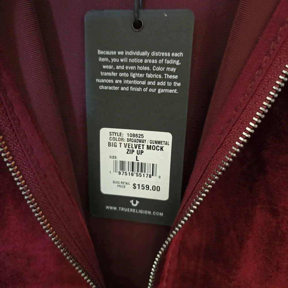 True Religion Jacket Men's S Burgundy Velvet Big T Mock Zip Up Broadway Gunmetal